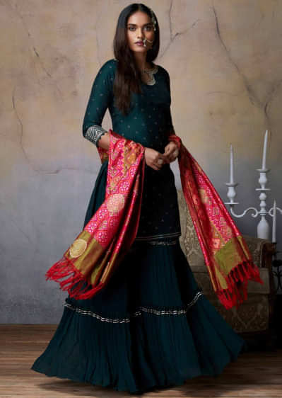 Forest Green Sharara Suit With Badla Work And Magenta Patola Printed Dupatta  