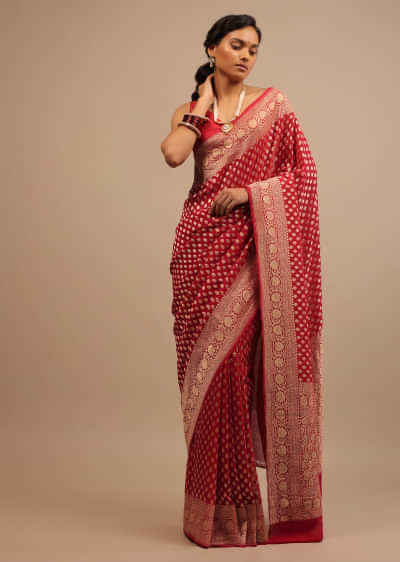Cherry Red Traditional Style Saree In Georgette With Woven Jaal Work