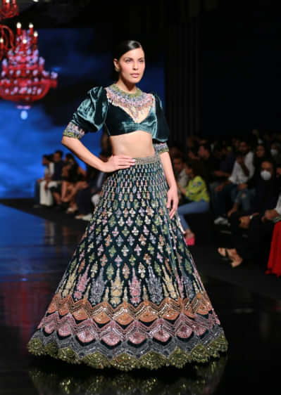 French Blue Lehenga With Multi Colored Hand Embroidered Scallop Design, Puff Sleeves Blouse And Embroidered Choker 