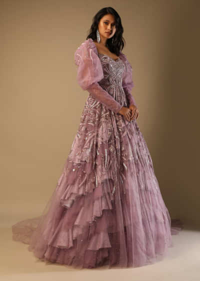 Frozen Mauve Gown In Net With Moti And Cut Dana Embroidered Geometric Motifs And Fancy Puffed Sleeves  