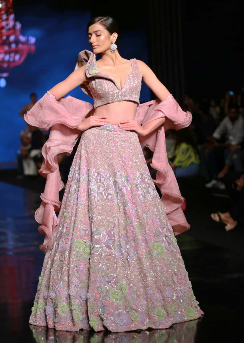 Frozen Mauve Lehenga In Velvet With Multi Colored Embroidered Floral Motifs, Fancy One Shoulder Design And Ruffle Dupatta 