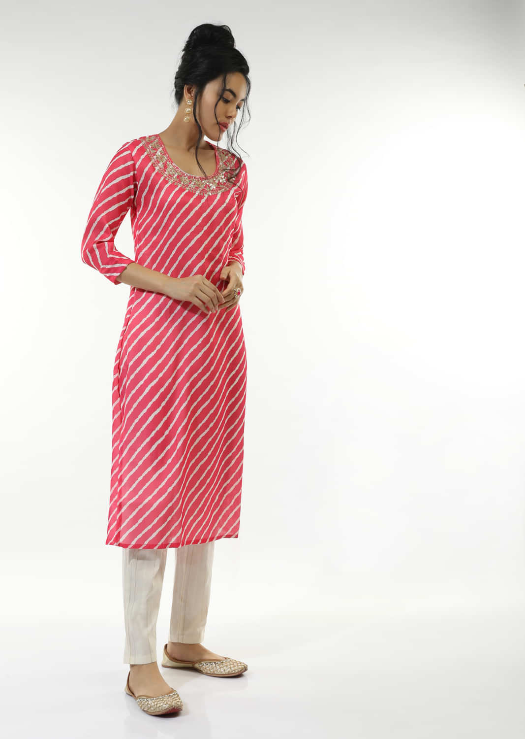 Fuchsia Pink Straight Cut Kurta Set In Satin Silk With Lehariya Print All Over And Gotta Patti Embroidered Neckline 