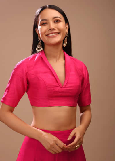 Fuchsia Pink Blouse In Raw Silk With Plunging Collar Neckline And Half Sleeves