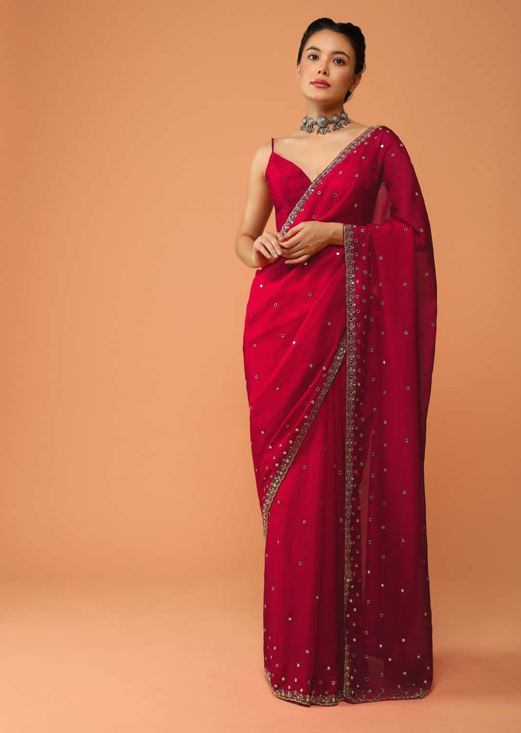 Fuchsia Pink Saree In Organza With Mirror And Cut Dana Embroidered Buttis And Border Design  
