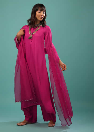 Fuchsia Pink Satin A Line Palazzo Suit With Multi-Colored Cut Dana Work On The Cuff