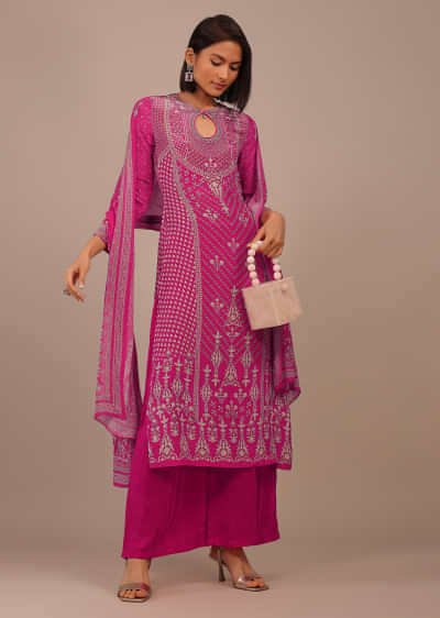 Buy Magenta Pink Printed Palazzo Suit With Stonework In Crepe