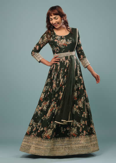 Deep Green Embroidered Anarkali Suit With Vintage Floral Print In Georgette