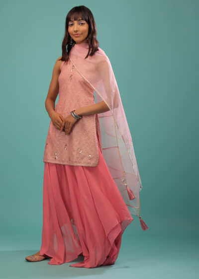 Geranium Pink Sleevless Suit And Coral Pink High Low Palazzo Pants With Brocade Weave And Gotta Patti Work