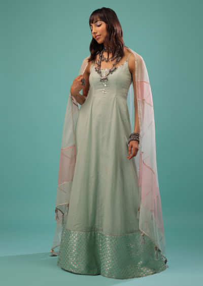 Glacier Blue Sleevless Chanderi Anarkali And Palazzo Suit With Side Slits And Brocade Border