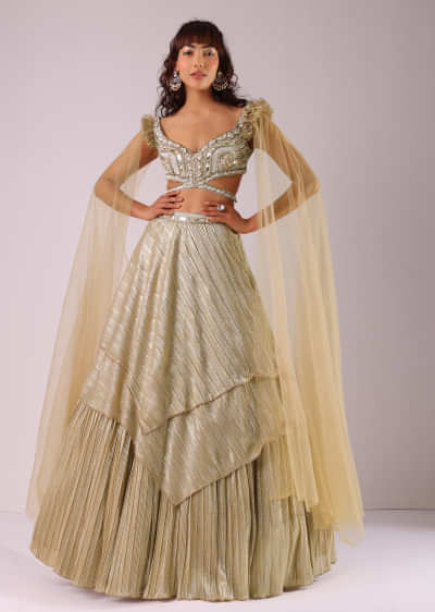 Glam Gold Lehenga Set In Foil Knit Fabric With Embroidered Blouse