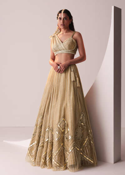Glam Gold Embroidered Lehenga Set In Knit Stretchable Fabric