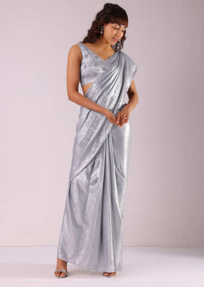Glam Silver Ready-To-Wear Saree With Embroidered Blouse
