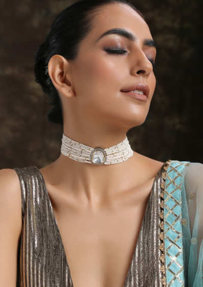 Gold And Silver Choker Necklace Hand Crafted With Moti Strings And Kundan Pendant In The Center By Paisley Pop