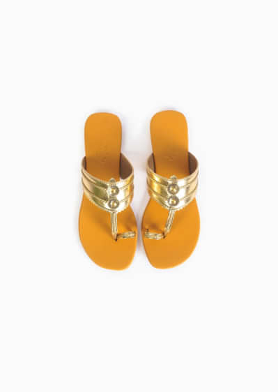 Gold Kolhapuri Flats With Mustard Yellow Sole By Sole House