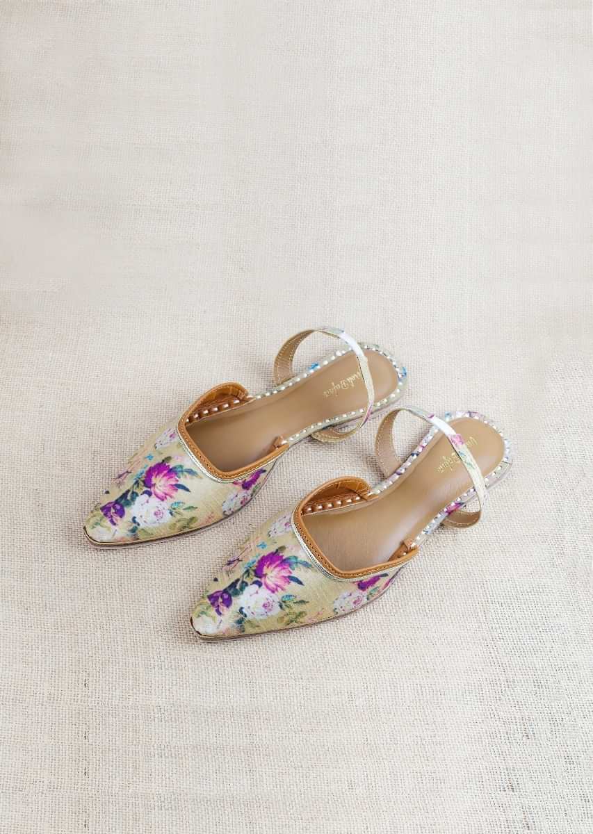 Gold Mules With Back Strap Featuring Vibrant Floral Print And Braided Rose Gold Zari By Vareli Bafna
