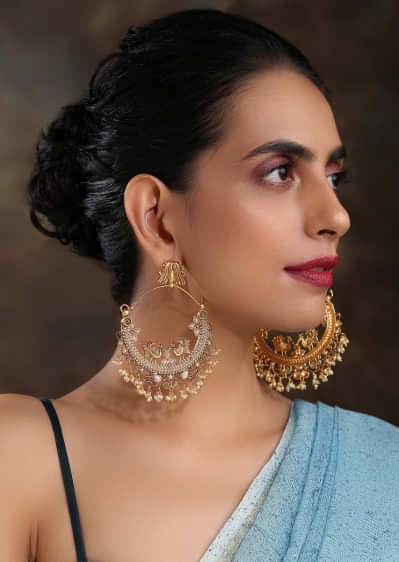 Gold Plated Chandbali Earrings With Temple Work, Bird Carvings And Embellished With High-Grade Pearls By Paisley Pop