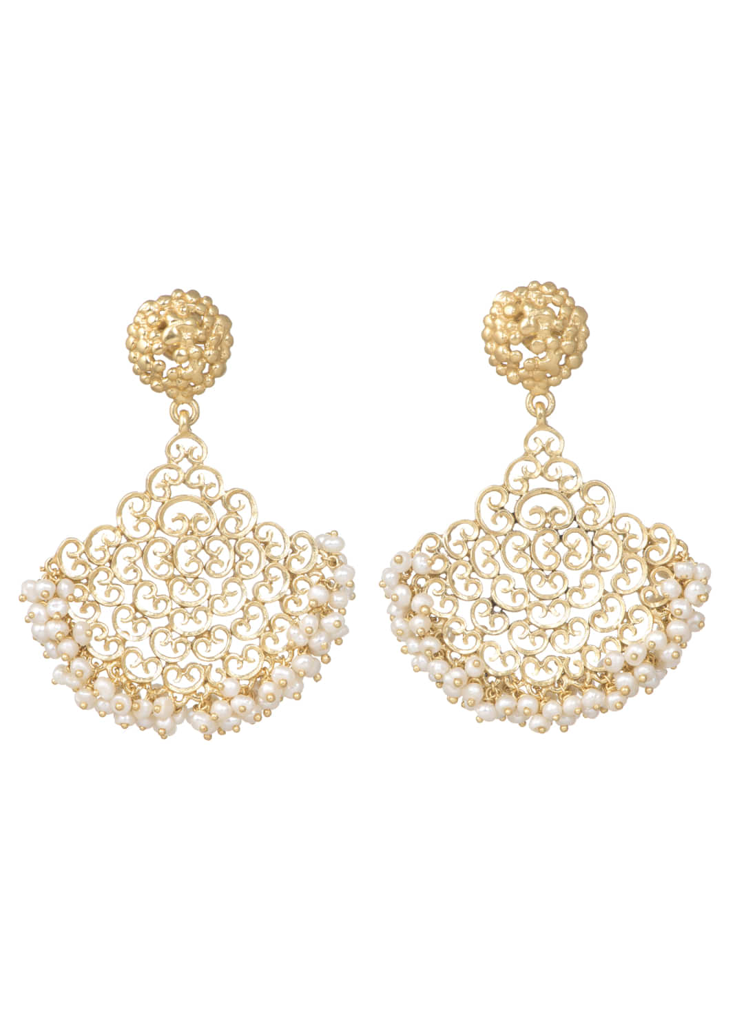 Gold Plated Chandelier Earrings With Filigree Design And Pearls By Zariin
