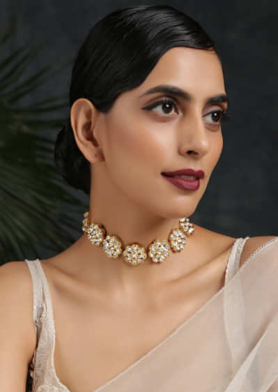 Gold Plated Choker Necklace Featuring Floral Kundan Motifs Attached By Link Chain By Paisley Pop