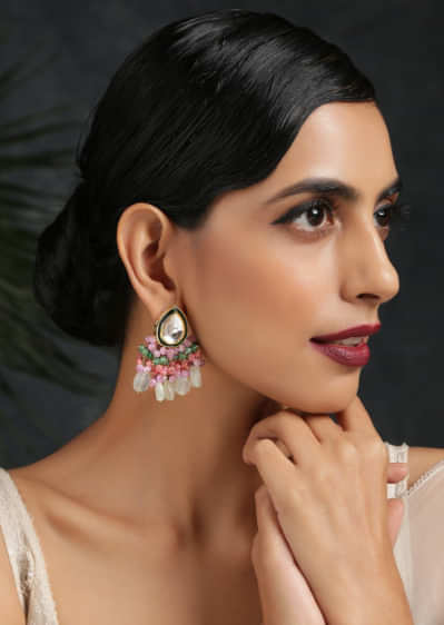 Gold Plated Earrings Featuring Drop Shaped Kundan Along With Dangling Pink And Green Bead Fringes