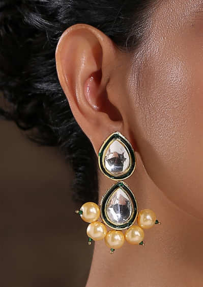 Gold Plated Earrings Featuring Two Drop Shaped Kundan Lined With Gold Beads By Paisley Pop