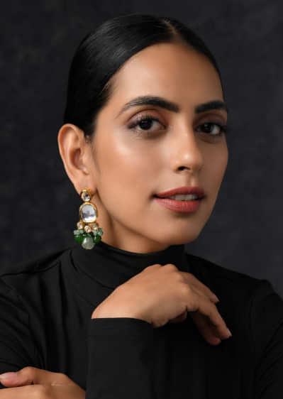 Gold Plated Earrings Handcrafted With Kundan And Dangling Green Beads By Paisley Pop