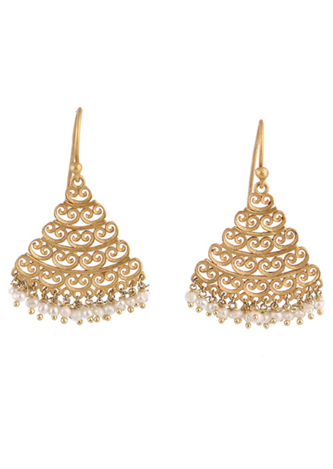 Gold Plated Earrings With Beautiful Triangular Filigree Motifs And Pearl Beads By Zariin