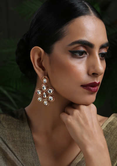 Gold Plated Earrings With Red Meenakari And Encrusted With Kundan In Floral Motif By Paisley Pop