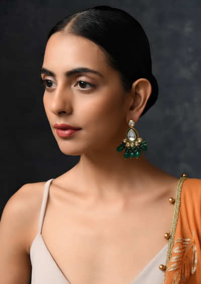 Gold Plated Earrings With Uncut Kundan Polki And Emerald Green Stones By Paisley Pop