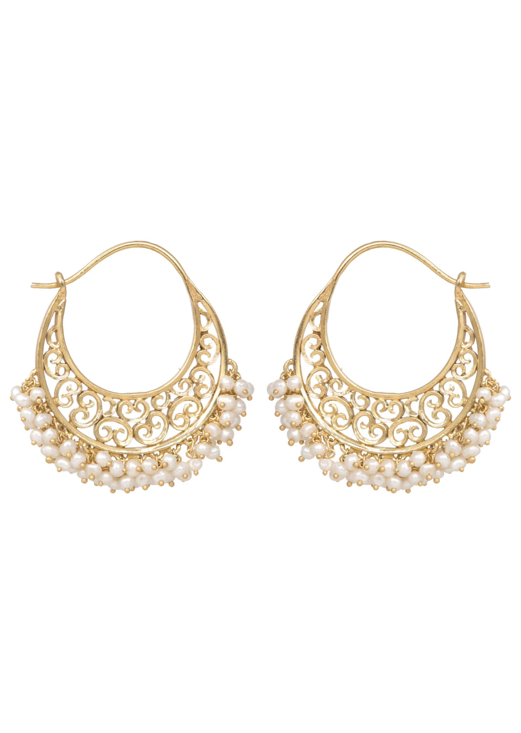 Gold Plated Hoop Earrings With Filigree Design And Pearls On The Edge By Zariin