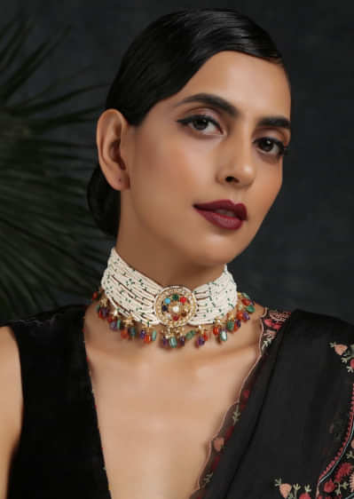 Gold Plated Kundan Choker Necklace With Moti Strands And Dangling Multicolored Beads By Paisley Pop