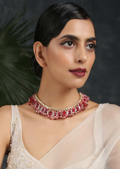 Gold Plated Kundan Necklace Embellished With Pink Stones By Paisley Pop