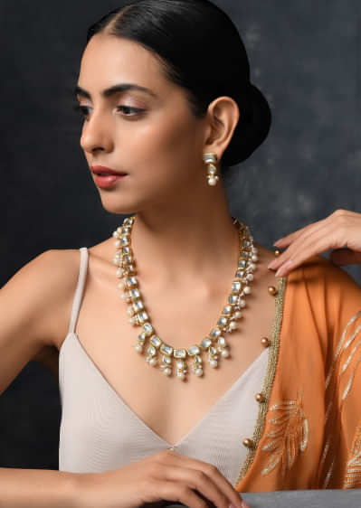 Gold Plated Necklace Handcrafted With Square Kundan Work And Lined With Moti Detailing By Paisley Pop