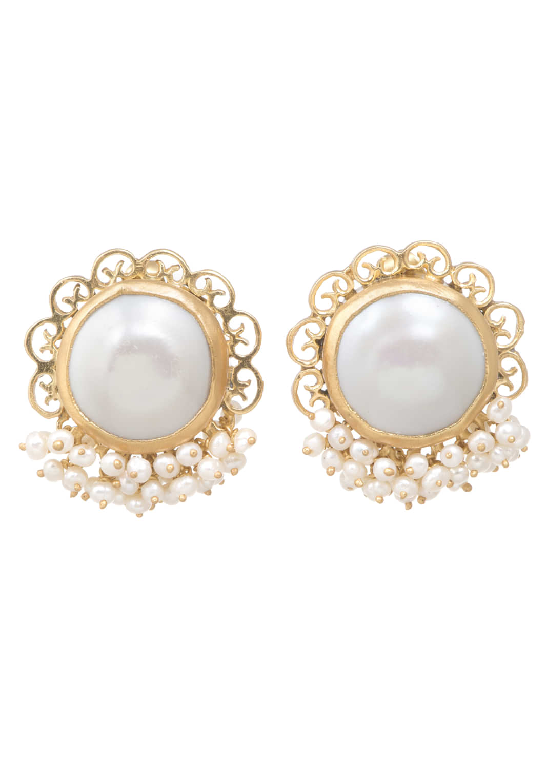 Gold Plated Studs With Baroque Pearls Edged In Filigree Design And Pearls By Zariin