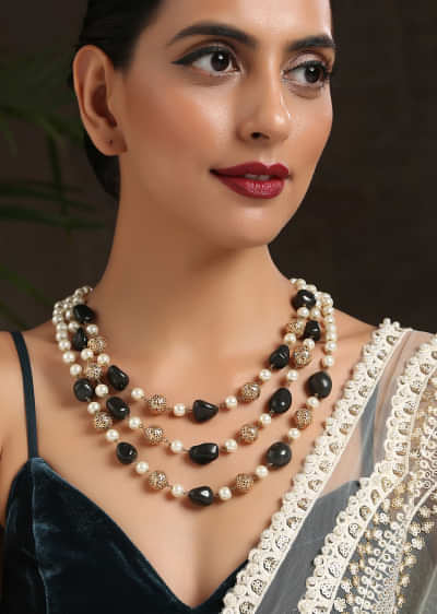Gold And Black Necklace With Three Layers Of Tumble Stones And Pearls By Paisley Pop