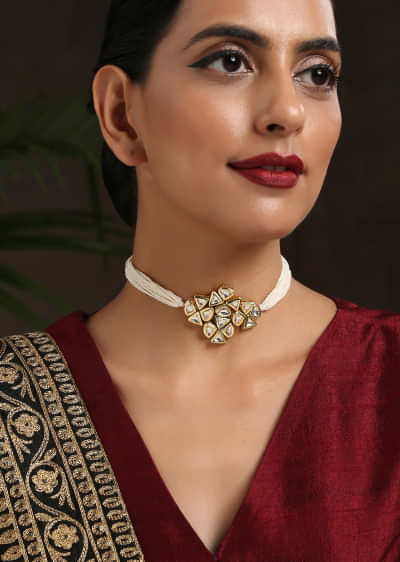 Gold Choker Necklace With Pearl Strings And Kundan Centre By Paisley Pop