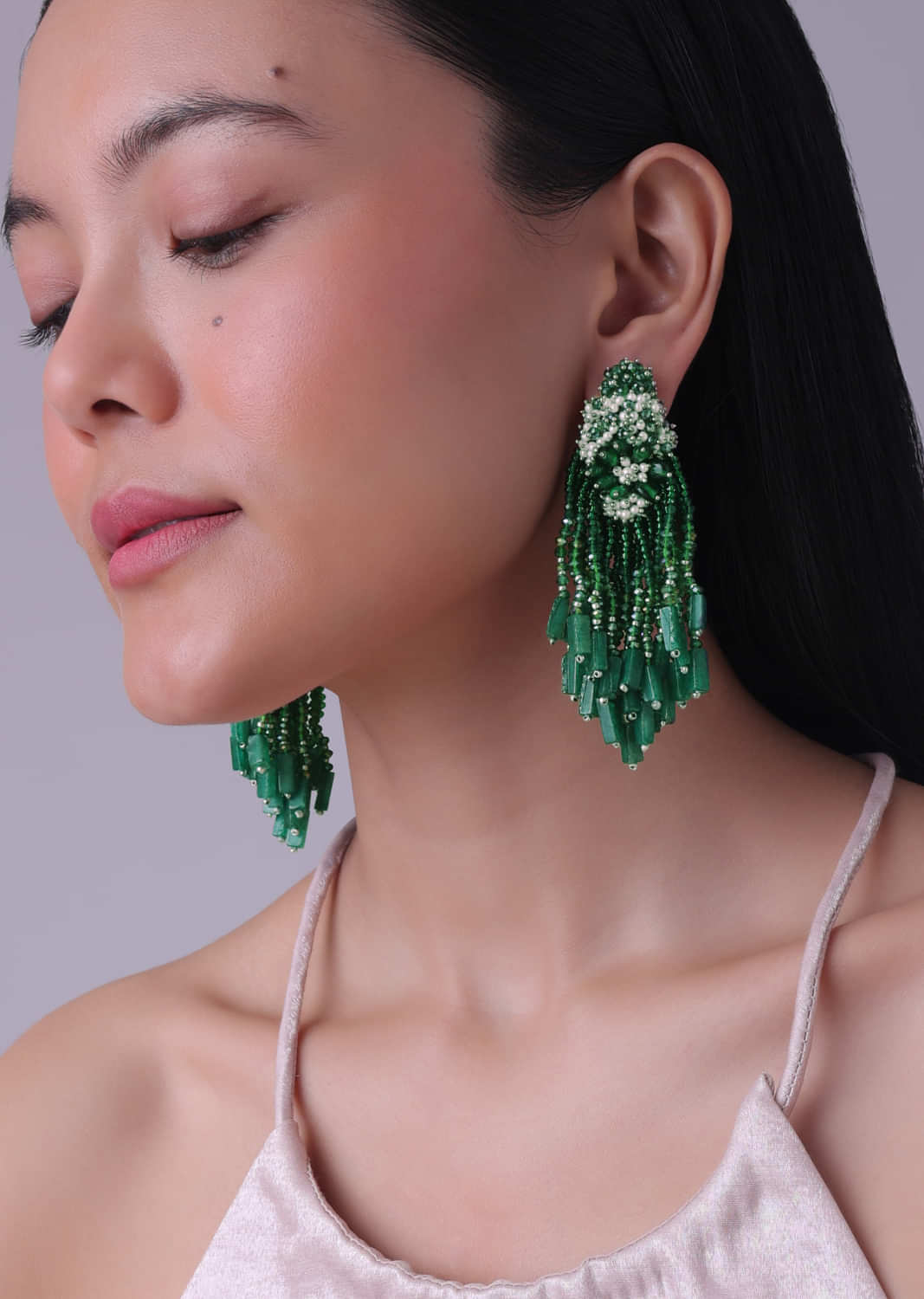 Gold Finish Green Agate Handcrafted Tassel Earrings