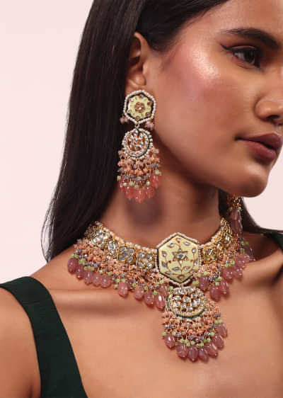 Gold Finish Kundan Polki beaded Necklace set with Earrings