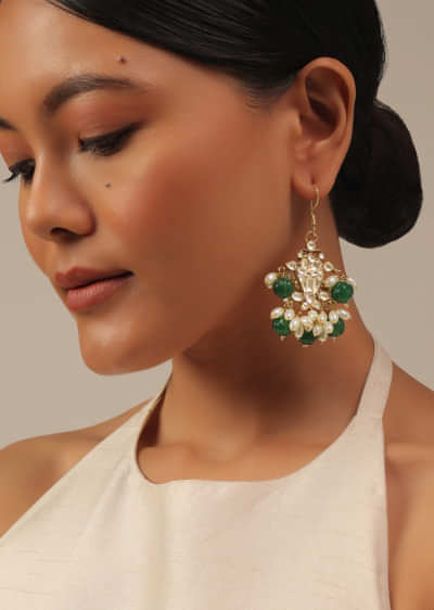 Gold Finish Kundan Polki Dangling Earrings With Synthetic Emerald Stones