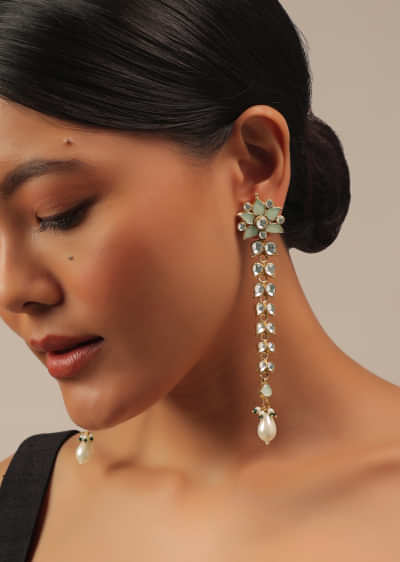 Gold Finish Kundan Polki Earrings With Pearl And Beads
