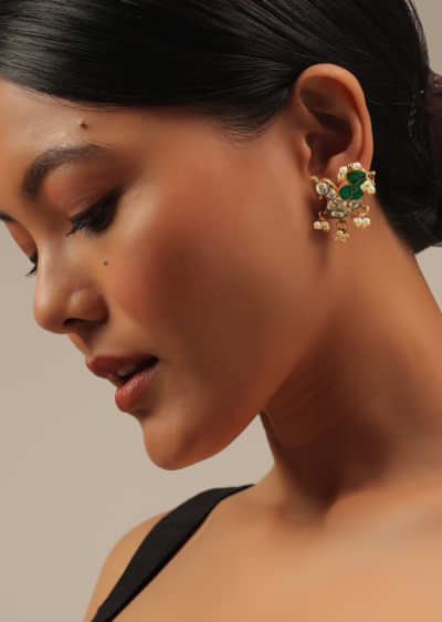 Gold Finish Kundan Polki Stud Earrings With Synthetic Emerald Stones With Beads