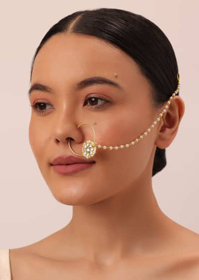 Gold Finish Nose Ring With Floral Motif And Chain String 