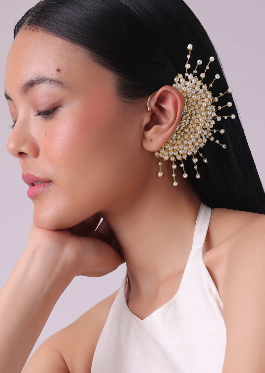 Gold Finish Peach Pearl Embellished Ear Cuff