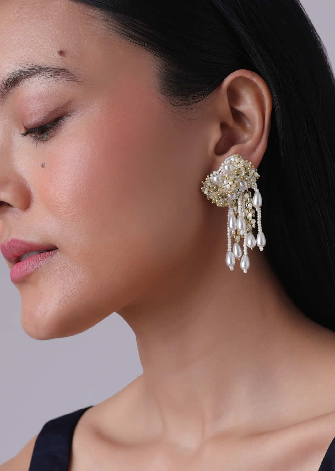 Gold Finish White Handcrafted Pearl Dangler Earrings