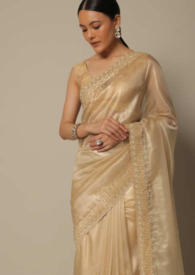Gold Foil Print Tissue Saree With Bead Work And Unstitched Blouse Piece