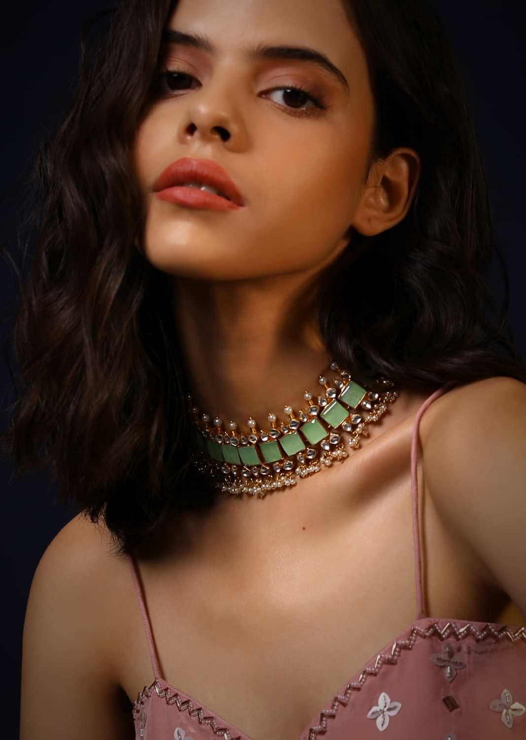 Gold Plated Choker Necklace With Green Semi Precious Stones, Moti And Kundan