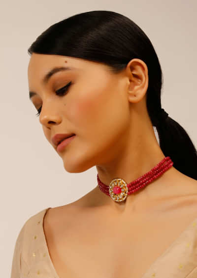 Gold Plated Choker Necklace With Pink Oval Stone Centre And Pink Bead Strings 