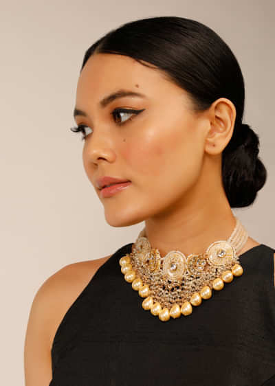 Gold Plated Choker With Cream Oval Minakari Studded In Kundan With Bead And Moti Drops 