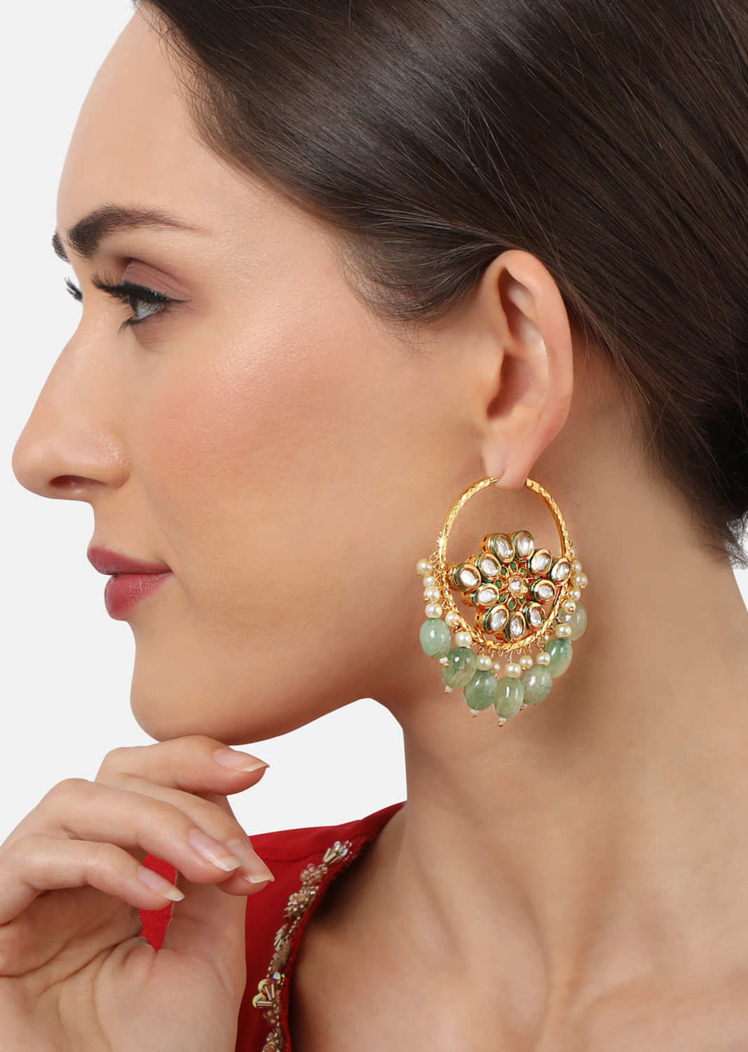Gold Plated Hoop Earrings With Kundan Studded Flower And Synthetic Green Drops By Tizora