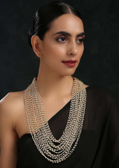 Gold Plated Long Layered Necklace With Pearl Detailing