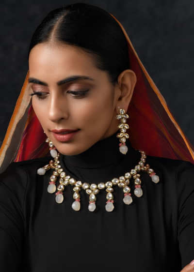 Gold Plated Necklace And Earrings Set Handcrafted With Kundan Work